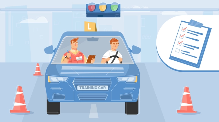 Student taking driving test with instructor flat design background vector illustration