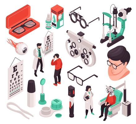 Set with isolated isometric ophthalmology icons and images of eye lens care products and people vector illustration