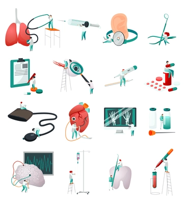 Medical center flat recolor collection with isolated icons of doctors tools healthcare supplies and human organs vector illustration