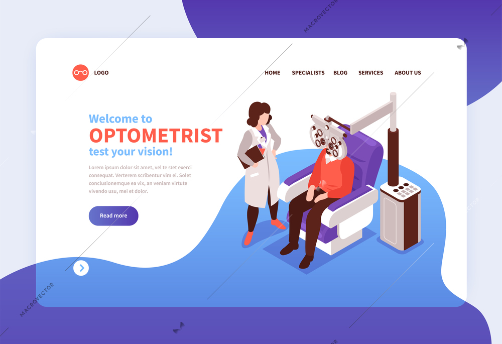 Isometric ophthalmology concept banner website background with clickable links read more button text and appointment images vector illustration