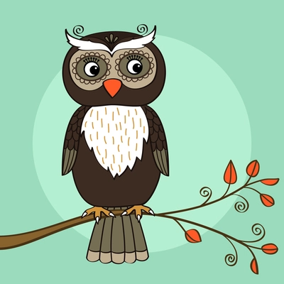 Owl on tree branch with leaves vector illustration