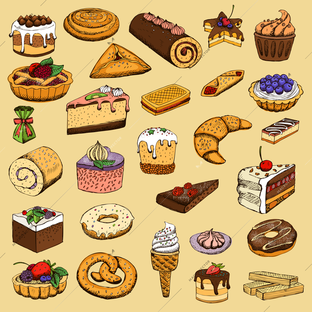 Collection of sweet food pastries vector illustration