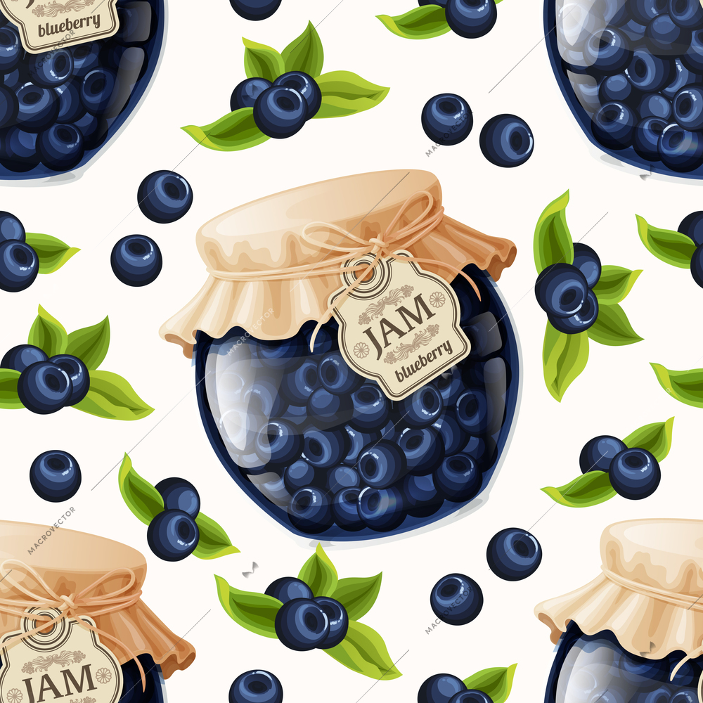 Natural organic blueberry berries jam jar and leaves seamless pattern vector illustration