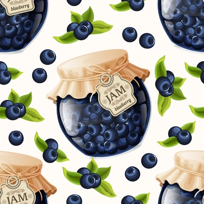 Natural organic blueberry berries jam jar and leaves seamless pattern vector illustration