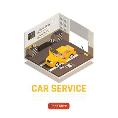 Car service systems check adjusting parts replacement including filter tires exhausts brakes steering isometric composition vector illustration