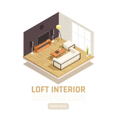 Modern loft home tv movie center interior with glass window wall sofa coffee table isometric vector illustration