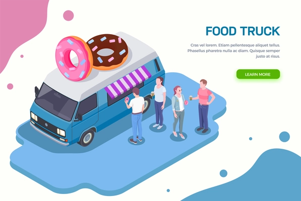 Food truck isometric horizontal background with learn more button editable text and people buying sweet donuts vector illustration