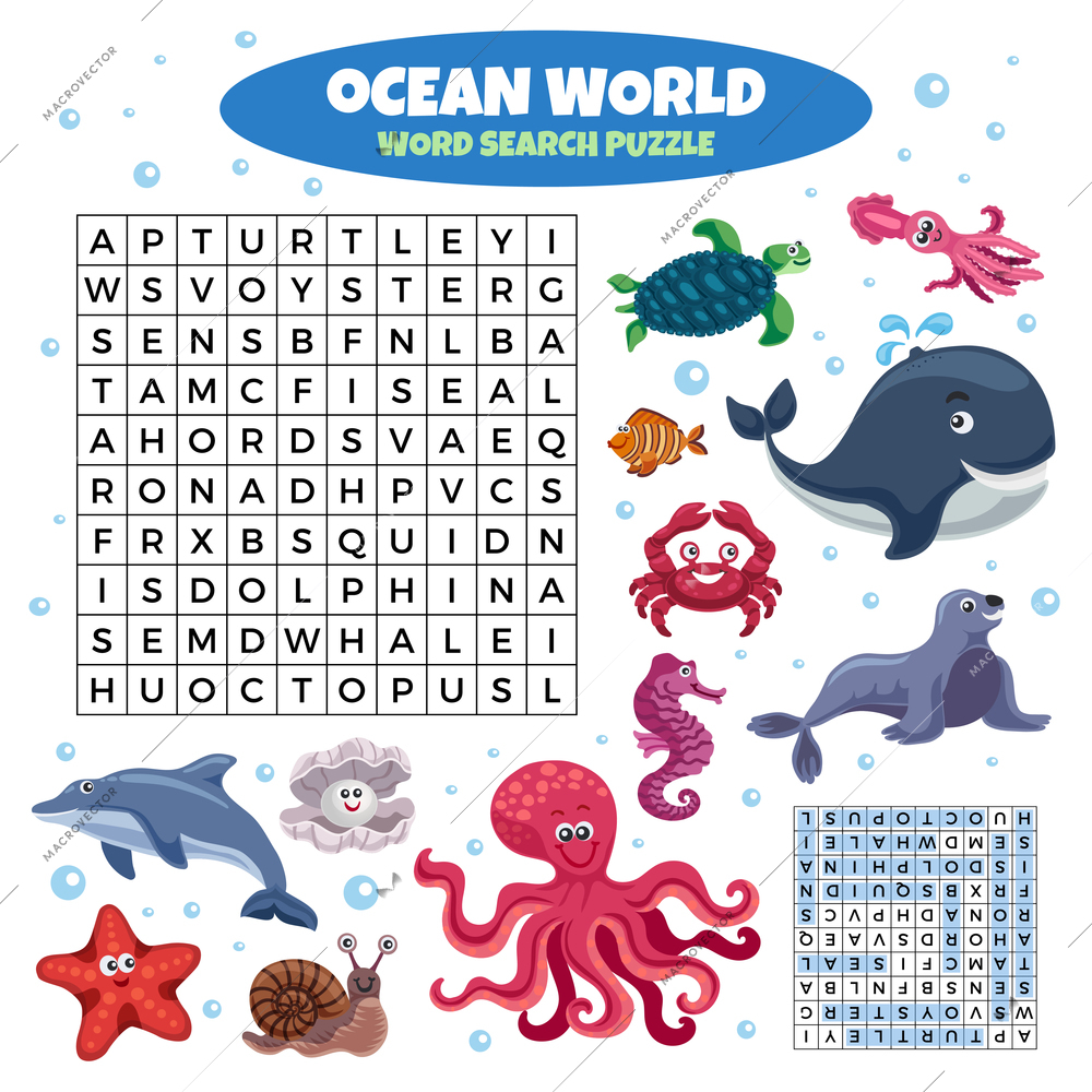 Ocean world word search puzzle game design with funny smiling sea animals images print out vector illustration