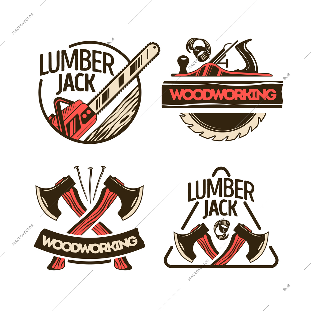 Woodworking 2x2 design concept set of color hand drawn emblems illustrated lumberjack instrument isolated vector illustration