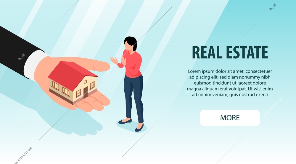 Isometric real estate background with more button text and female character with human hand and house vector illustration