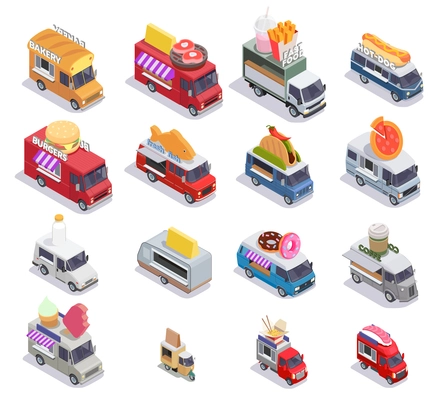 Food truck isometric set of sixteen isolated images with mobile fastfood selling points of different design vector illustration