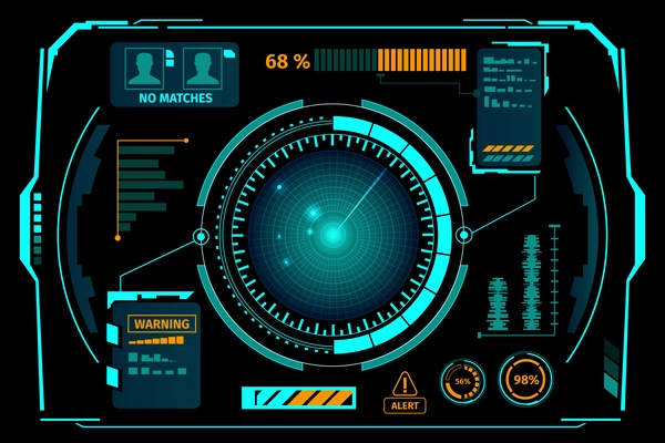 Sci fi hologram control dashboard in HUD style  with luminescent radar in centre vector illustration