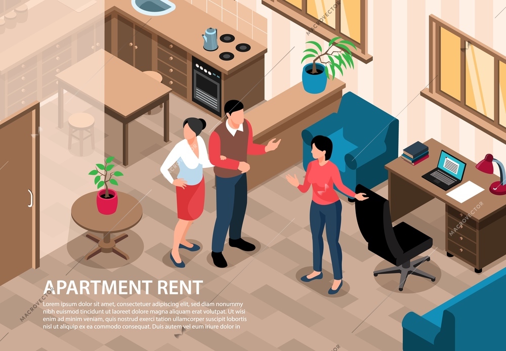 Isometric real estate horizontal indoor background with pieces of furniture and characters of agent and clients vector illustration