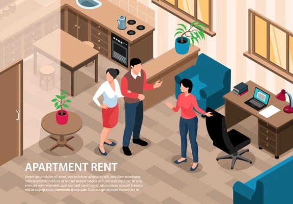 Isometric real estate horizontal indoor background with pieces of furniture and characters of agent and clients vector illustration