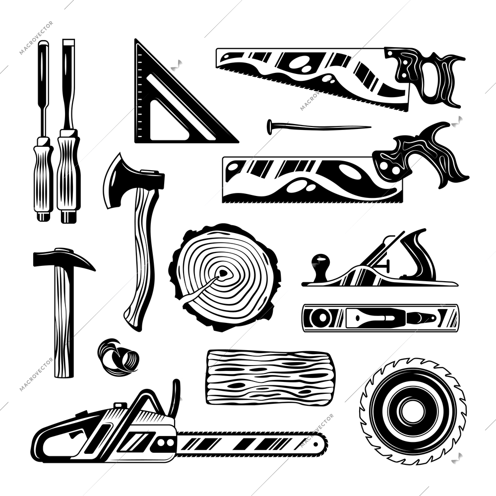 Woodwork tools engraving hand drawn set of handsaw axe planer chainsaw isolated vector illustration