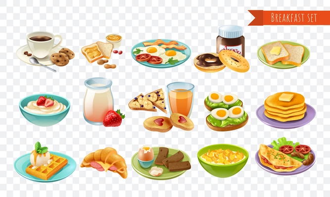 Breakfast transparent set of pastries drinks and dishes made with fresh produce vector illustration