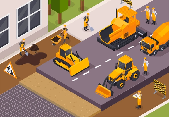 Colored and isometric road construction concept workers laid asphalt on the street vector illustration