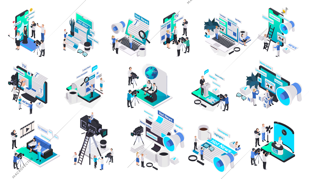 Isolated isometric journalistis reporters news media icon set with hot online and latest news vector illustration