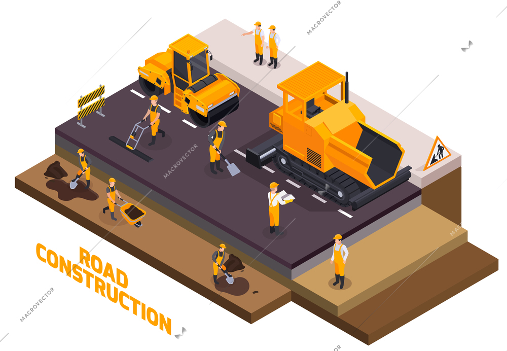 Isolated isometric road construction icon set with workers build roads and fill the asphalt vector illustration