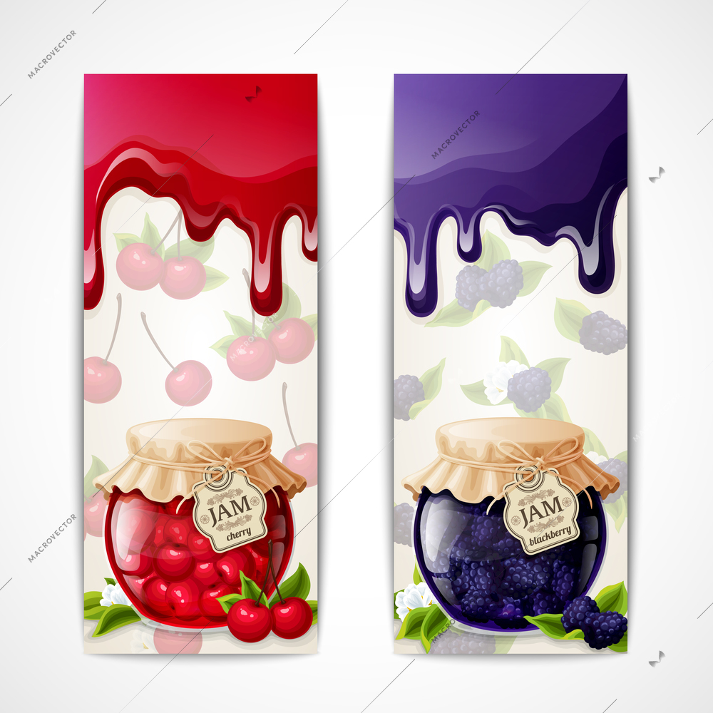 Natural organic cherry and blackberry jam glass jar vertical banners isolated vector illustration