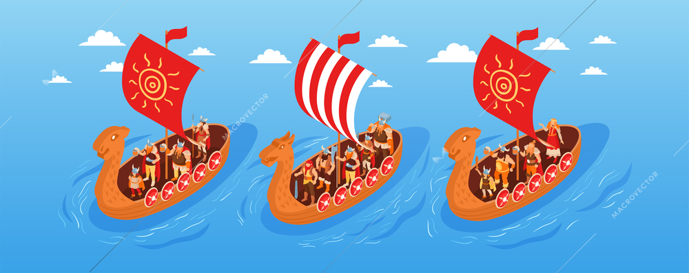 Isometric viking narrow composition with open sea landscape clouds in sky and three floating ancient boats vector illustration