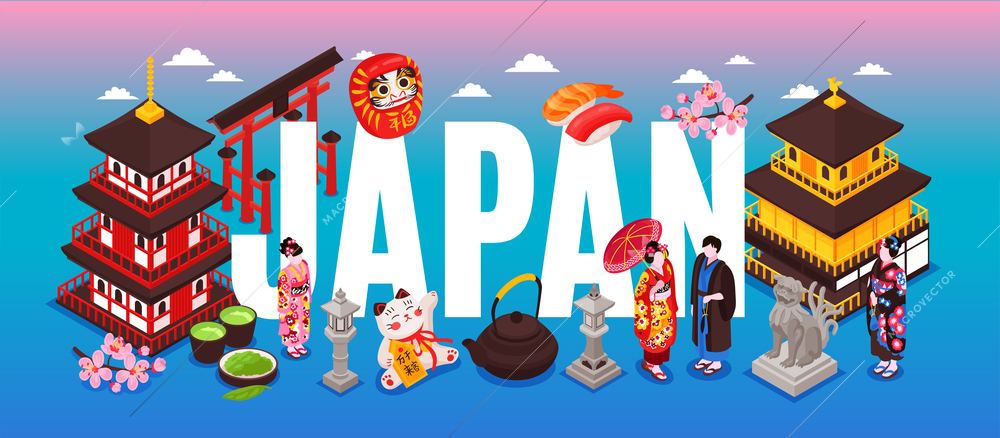 Isometric japan travel text composition with gradient background and japanese traditional buildings culture elements and people vector illustration