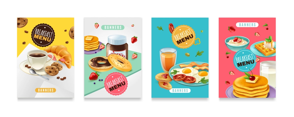 Breakfast menu four isolated posters with Cup of morning coffee croissants bakery glass of juice ice cream scrambled eggs waffles vector illustration