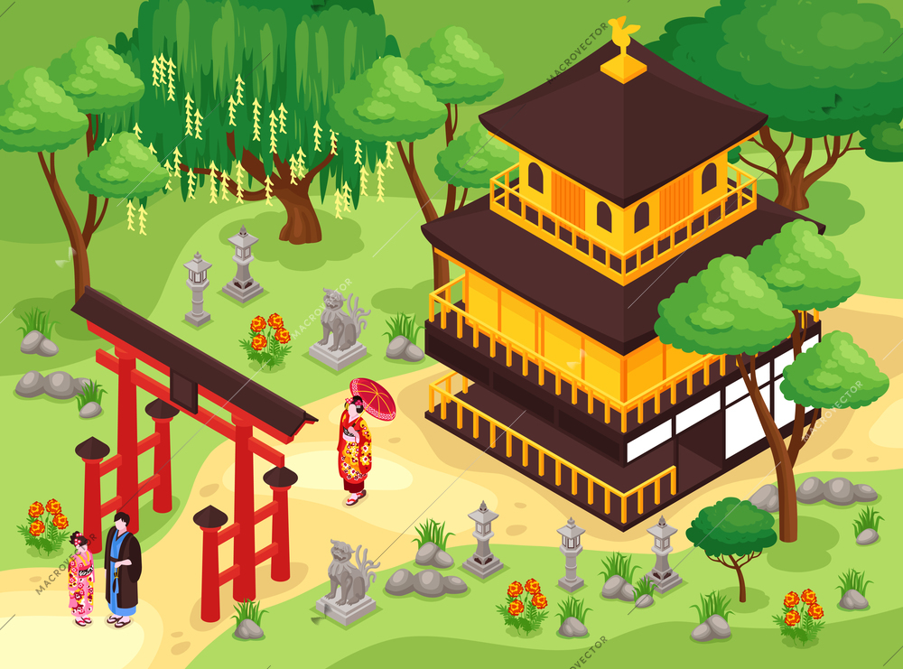 Isometric japan travel composition with outdoor landscape and buildings of traditional japanese architecture with people and trees vector illustration