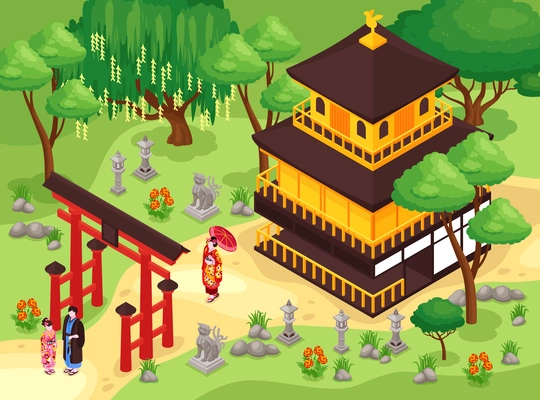 Isometric japan travel composition with outdoor landscape and buildings of traditional japanese architecture with people and trees vector illustration