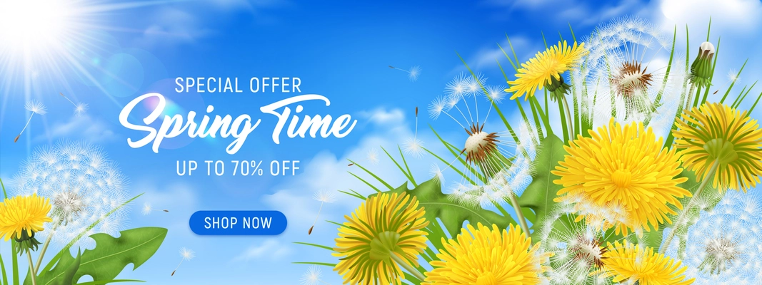 Realistic dandelions horizontal poster with clickable shop now button editable advertising text and natural sky landscape vector illustration