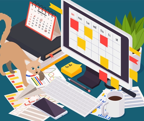 Time management planning schedule isometric colored composition with chaos on the desk cat and open calendar app on monitor vector illustration