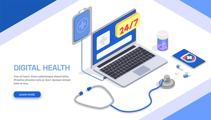 Telemedicine digital health isometric banner background with text learn more button and modern electronic healthcare gadgets vector illustration
