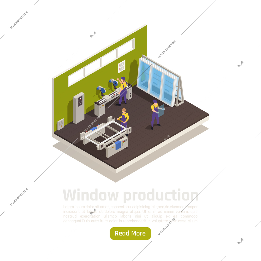 Plastic glass window production facility interior isometric composition with sheets cutting to size assembling panes vector illustration