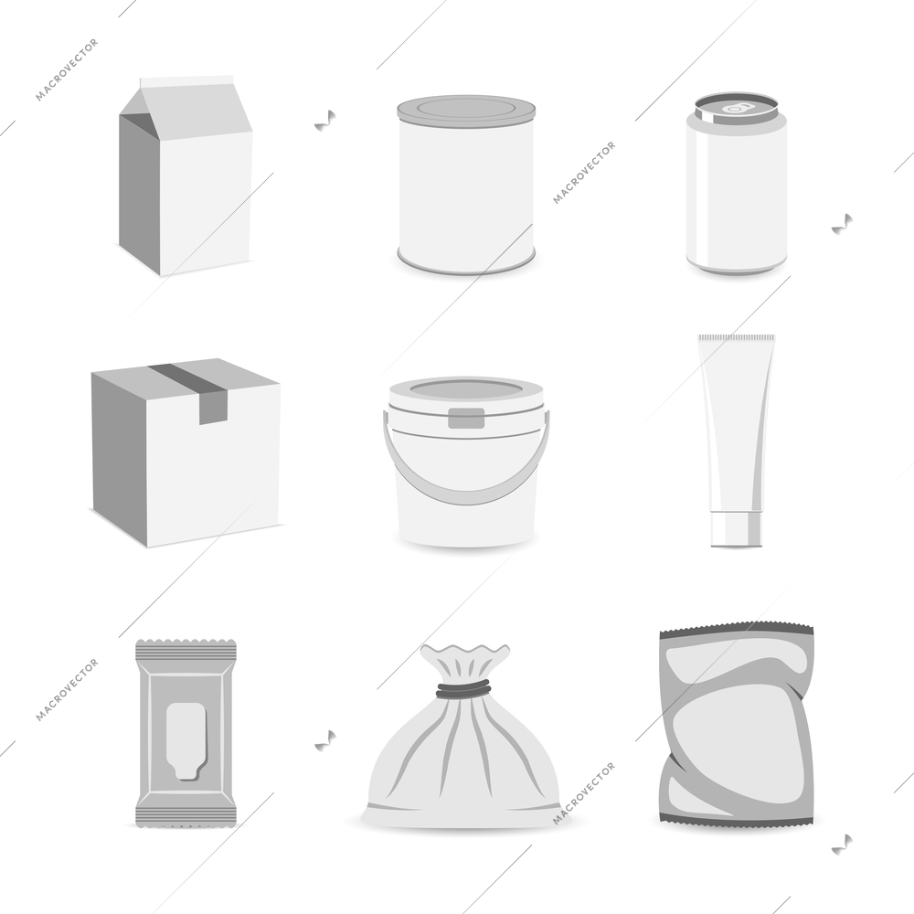 Pack container can box bag jar tube mockup icon set flat isolated vector illustration