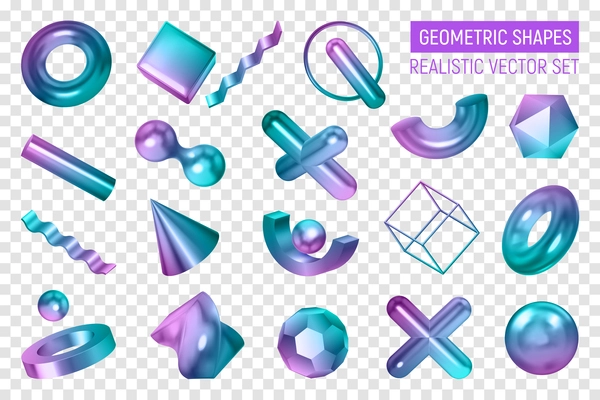 Realistic geometric shapes color transparent set with isolated 3d geometrical bodies painted in gradient colour shades vector illustration