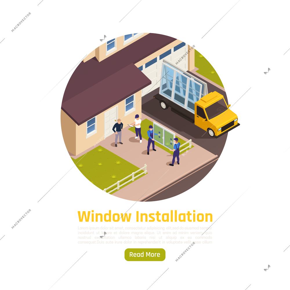 Pvc glass windows replacement installation delivery service isometric composition with panes arrival to customers house vector illustration