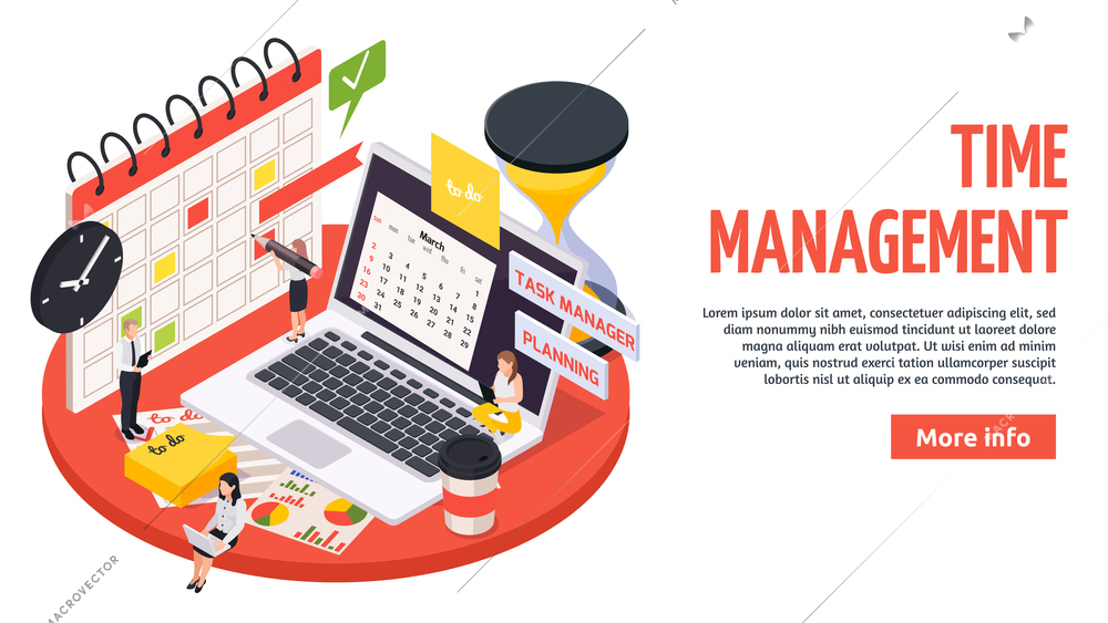 Time management planning schedule isometric banner with big headline and more info button vector illustration