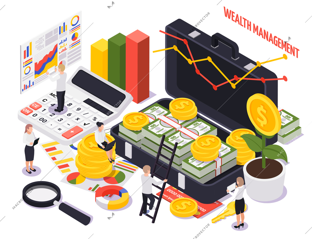 Colored isometric wealth management composition with different elements and tools for accumulation of funds vector illustration