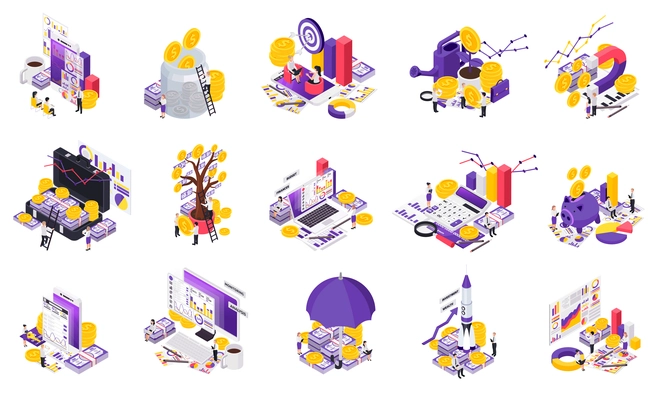 Isometric wealth management icon set with different tools for accumulation of funds vector illustration