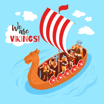 Isometric viking square composition with vikings boat floating in open sea with  clouds and editable text vector illustration