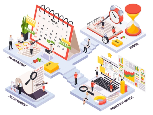 Isometric time management planning schedule icon set with deadline time and task management productivity analysis descriptions vector illustration