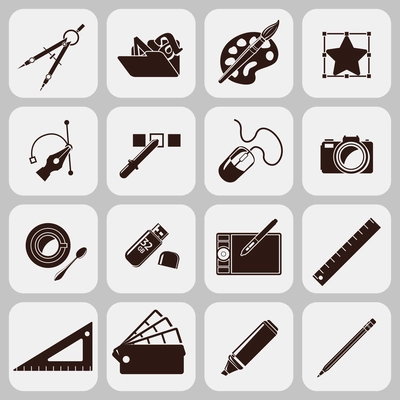 Graphic designer studio tools creative process black icons set isolated vector illustration