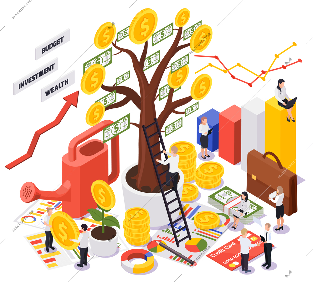 Colored wealth management isometric concept with abstract situation and big money three vector illustration