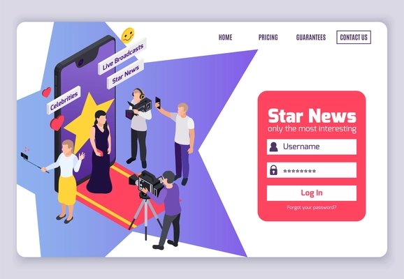 Isometric journalistis reporters news media composition or landing page with login password places and links vector illustration