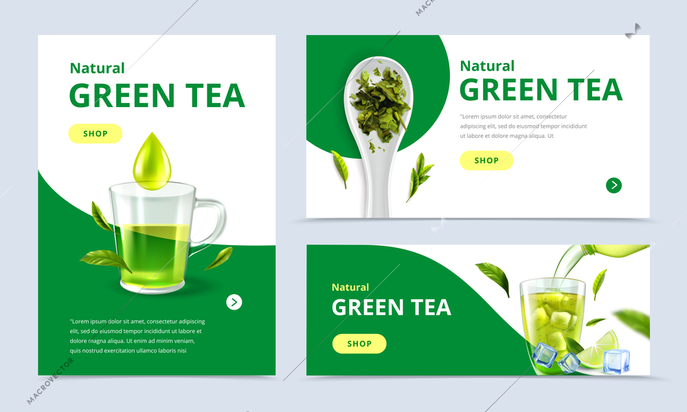 Green tea banner set with cup of freshly brewed tea fresh leaves and pile dry tea in spoon vector illustration