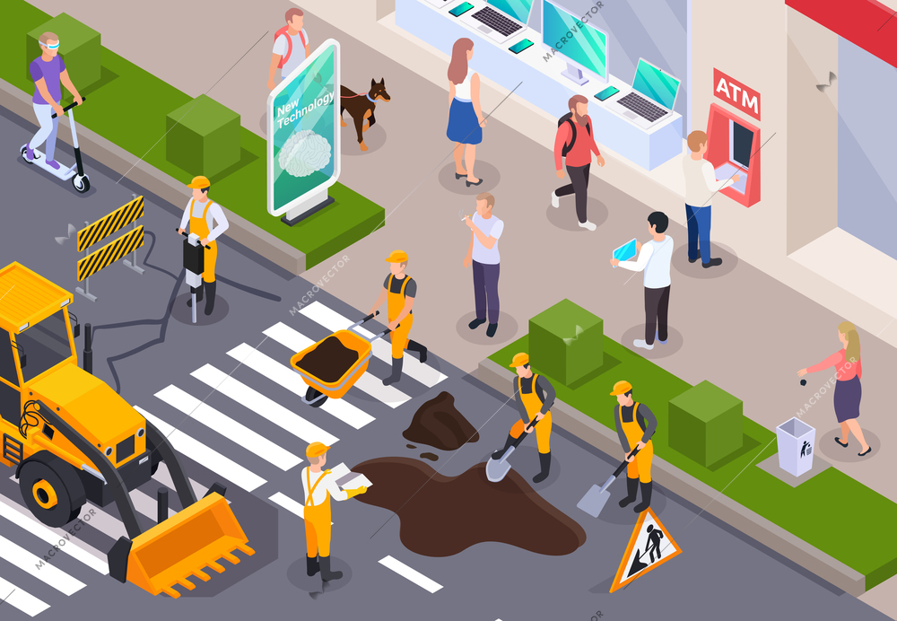 Colored and isometric road construction composition repair and excavation on urban street roads vector illustration