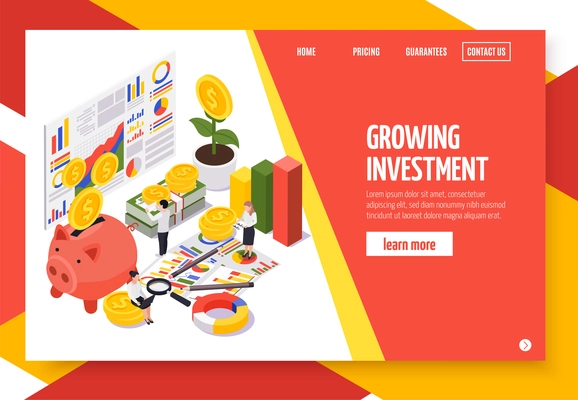 Wealth management isometric banner or landing page with growing investment headline and learn more button vector illustration
