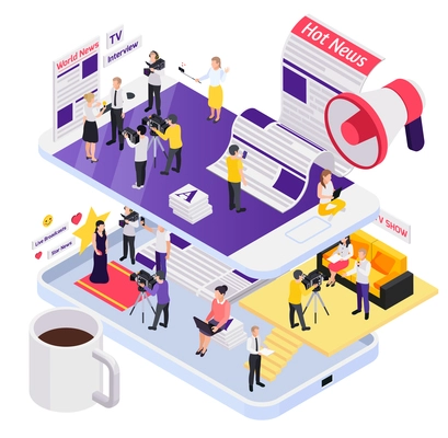 Abstract journalistis reporters news media isometric composition with world hot star news descriptions vector illustration