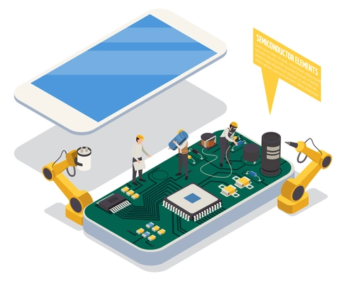 Semiconductor element in smartphone concept with hardware symbols isometric vector illustration