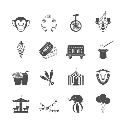 Circus carnival amusement park icon set of clown balloons tent isolated vector illustration